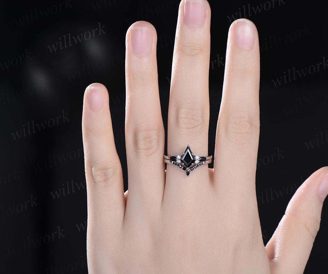 Kite cut black onyx ring necklace set vintage 14k white gold unique wedding promise ring set silver pendant for women