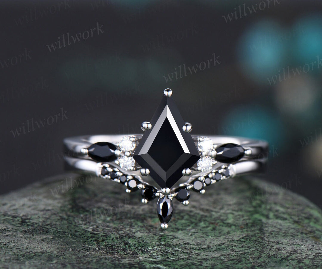 Kite cut black onyx ring necklace set vintage 14k white gold unique wedding promise ring set silver pendant for women