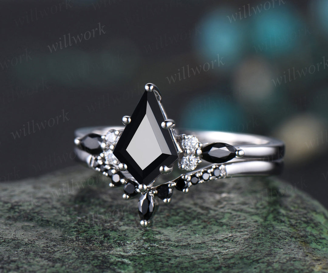Kite cut black onyx ring necklace set vintage 14k white gold unique wedding promise ring set silver pendant for women