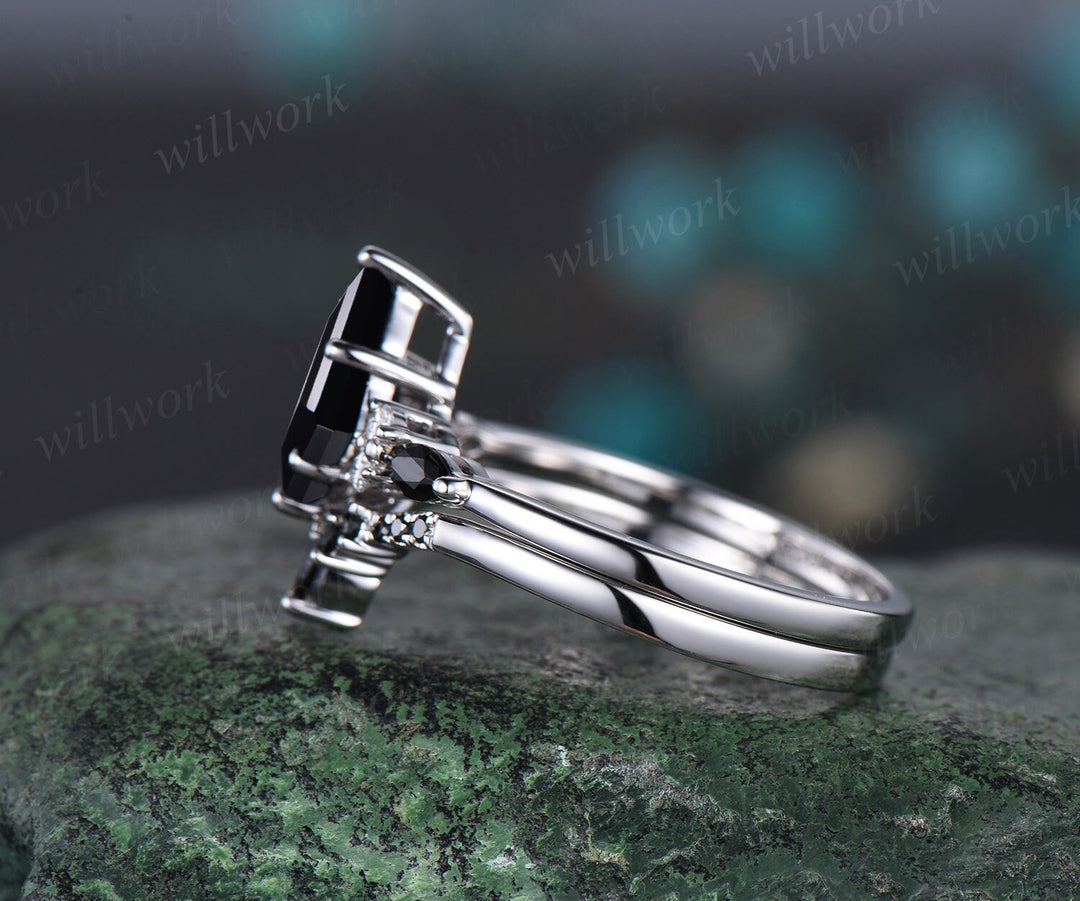 Kite cut black onyx ring necklace set vintage 14k white gold unique wedding promise ring set silver pendant for women