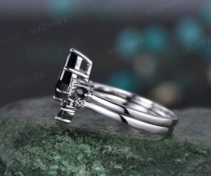 Kite cut black onyx ring necklace set vintage 14k white gold unique wedding promise ring set silver pendant for women