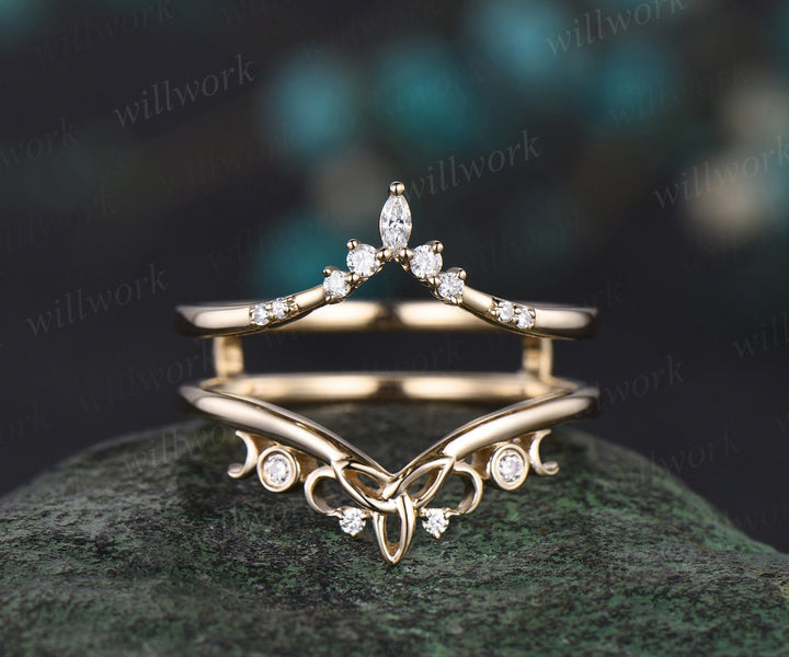 Double V curved diamond wedding band enhancer wraps solid 14k rose gold Celtic knot moissanite wedding ring band women anniversary gift