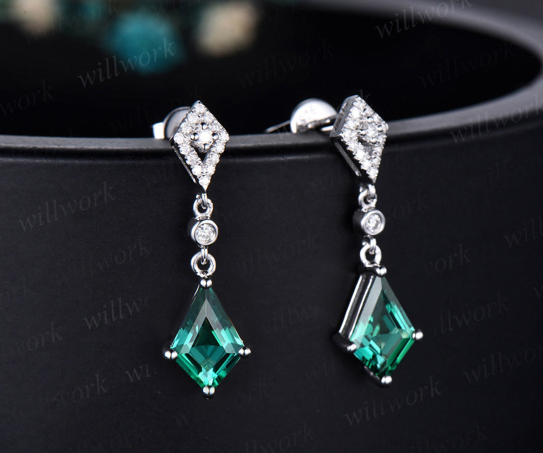 Vintage kite cut green emerald earrings solid 14k yellow gold halo diamond drop earrings women May birthstone dainty anniversary gift her