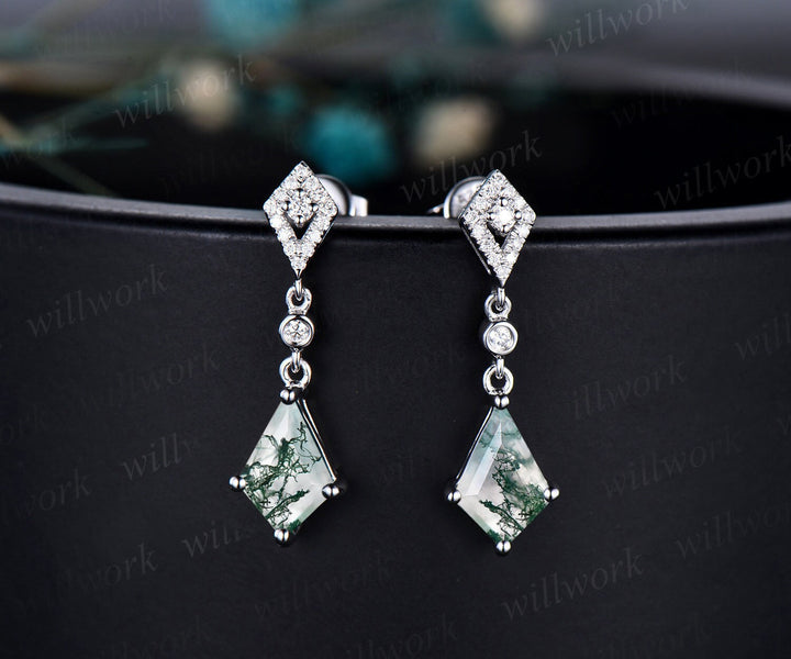 Kite cut natural moss agate earrings necklace set solid 14k white gold halo moissanite unique pendant for Women anniversary gift