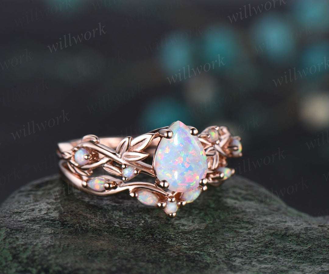 READY TO SHIP: 2PC Pear Opal Engagement Ring Set - 10k Rose Gold - Ring Size: 13 US