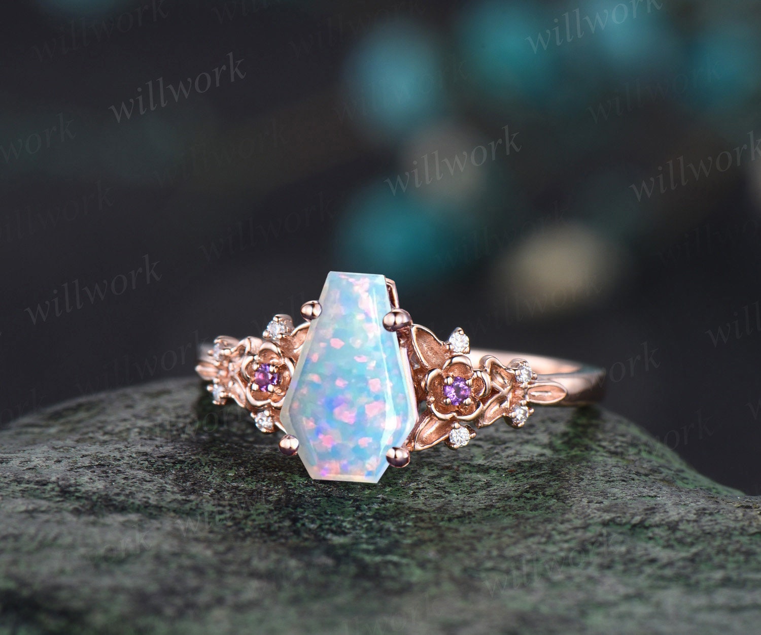 Coffin opal ring rose gold floral leaf nature inspired opal engagement WILLWORK JEWELRY