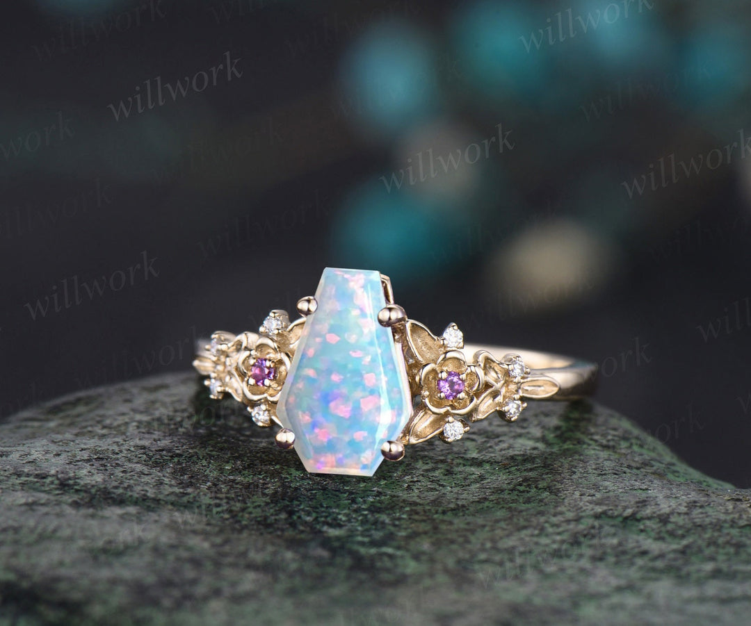 Coffin opal ring rose gold floral leaf nature inspired opal engagement ring women cluster amethyst diamond anniversary ring gift jewelry