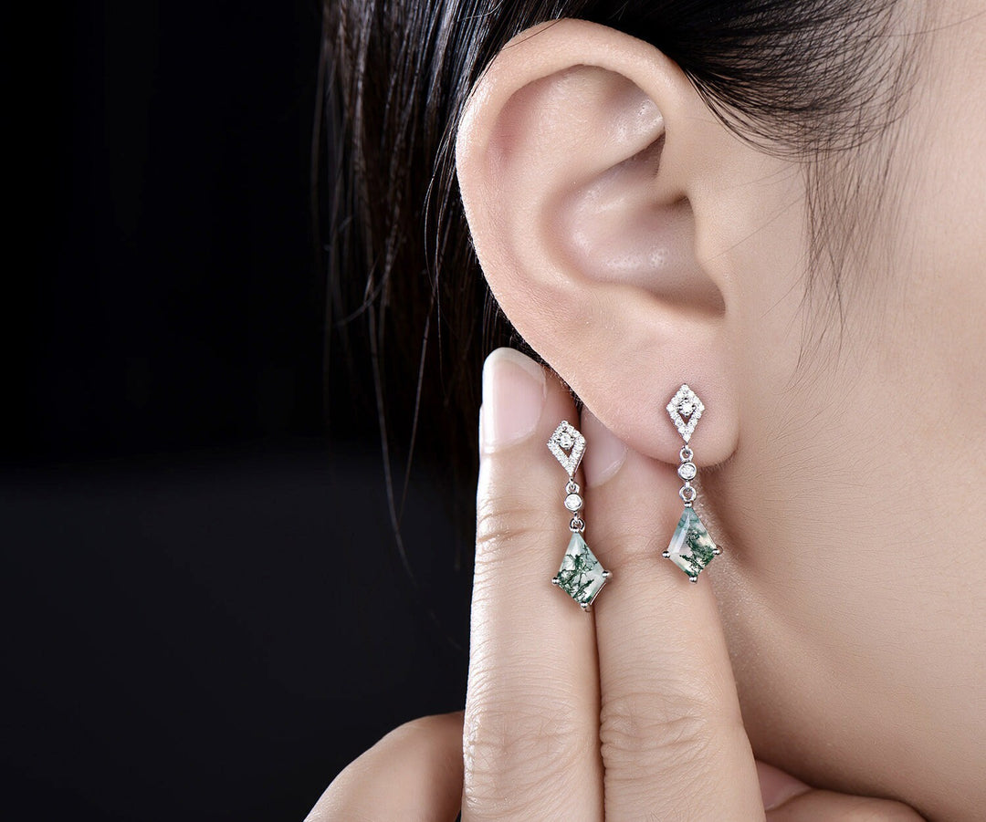 Kite cut natural moss agate earrings necklace set solid 14k white gold halo moissanite unique pendant for Women anniversary gift