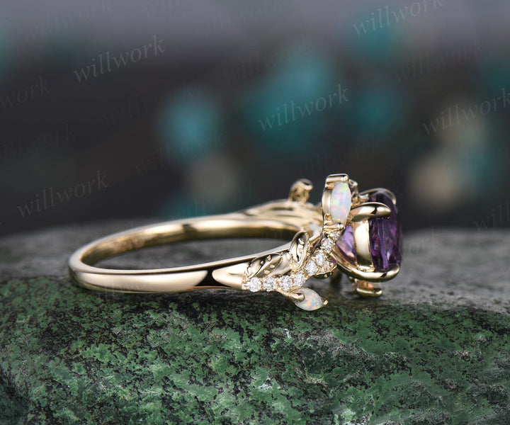 Vintage round amethyst engagement ring yellow gold leaf nature inspired branch half eternity diamond opal wedding anniversary ring women