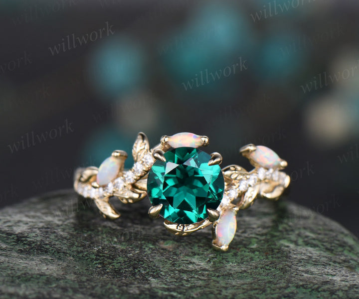 Vintage round emerald engagement ring yellow gold leaf nature inspired branch half eternity diamond ring opal wedding anniversary ring women