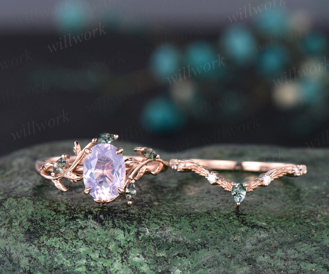 Vintage oval Lavender Amethyst engagement ring yellow gold art deco cluster leaf nature inspired moss agate bridal wedding ring set women