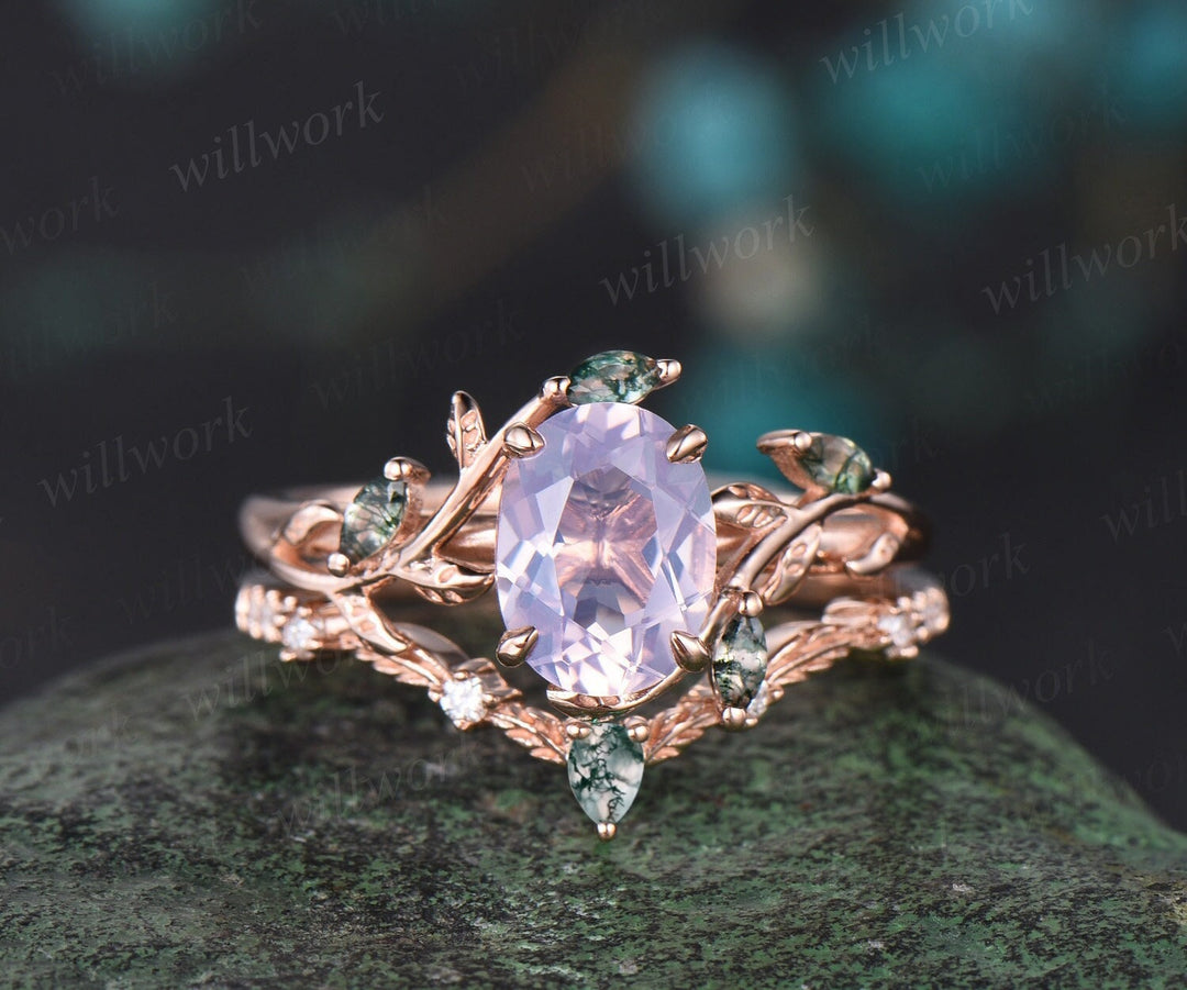 Vintage oval Lavender Amethyst engagement ring yellow gold art deco cluster leaf nature inspired moss agate bridal wedding ring set women