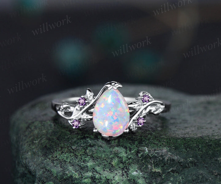 Pear shaped white opal engagement ring solid 14k white gold leaf branch five stone amethyst ring women unique wedding anniversary ring gift