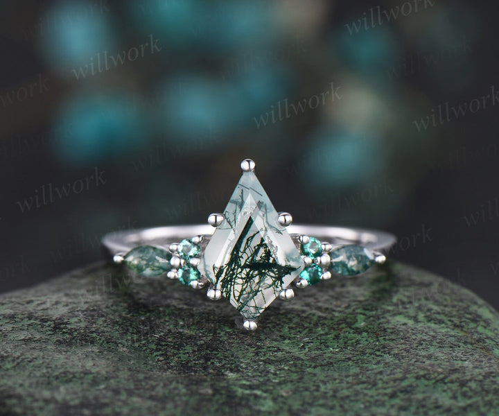 Kite cut green moss agate engagement ring white gold stacking vintage emerald wedding bridal ring set women gemstone jewelry