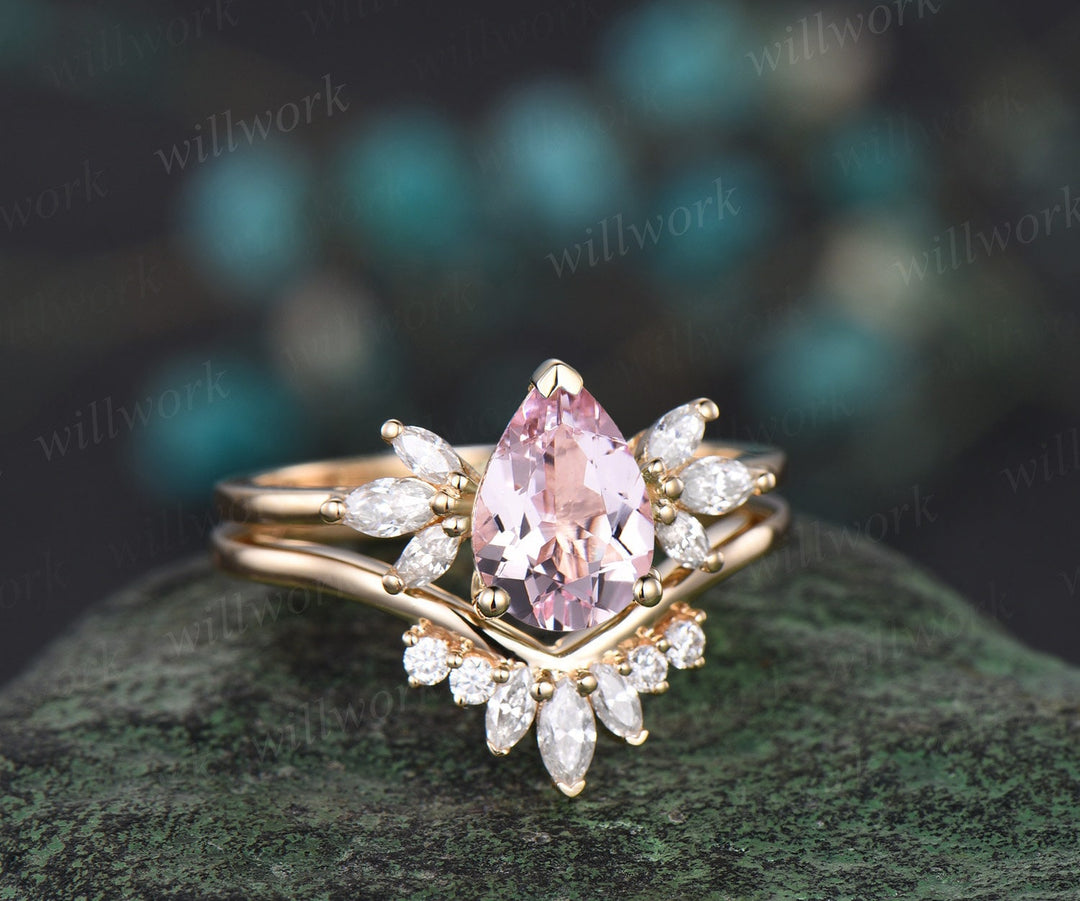 Vintage pear shaped pink morganite engagement ring solid 14k 18k yellow gold marquise cut diamond bridal wedding ring set women jewelry