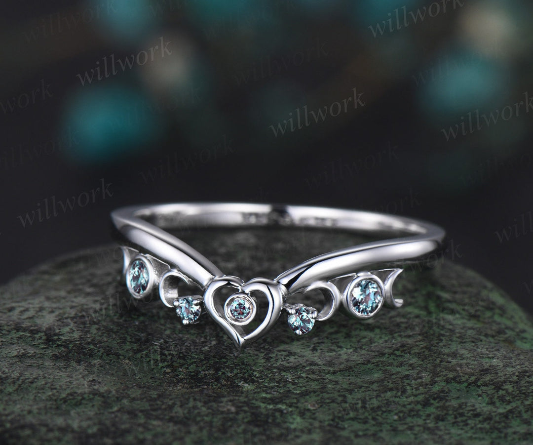 Heart moon bezel alexandrite wedding band solid 14k white gold vintage stacking wedding ring women unique anniversary bridal ring gift