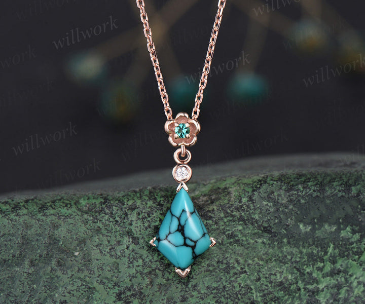 Kite turquoise necklace solid 14k yellow gold bezel emerald diamond floral pendant women her anniversary bridal gift mother jewelry