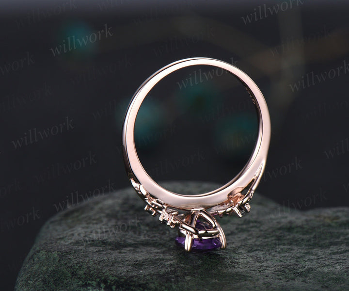 Pear shaped white opal engagement ring solid 14k white gold leaf branch five stone amethyst ring women unique wedding anniversary ring gift