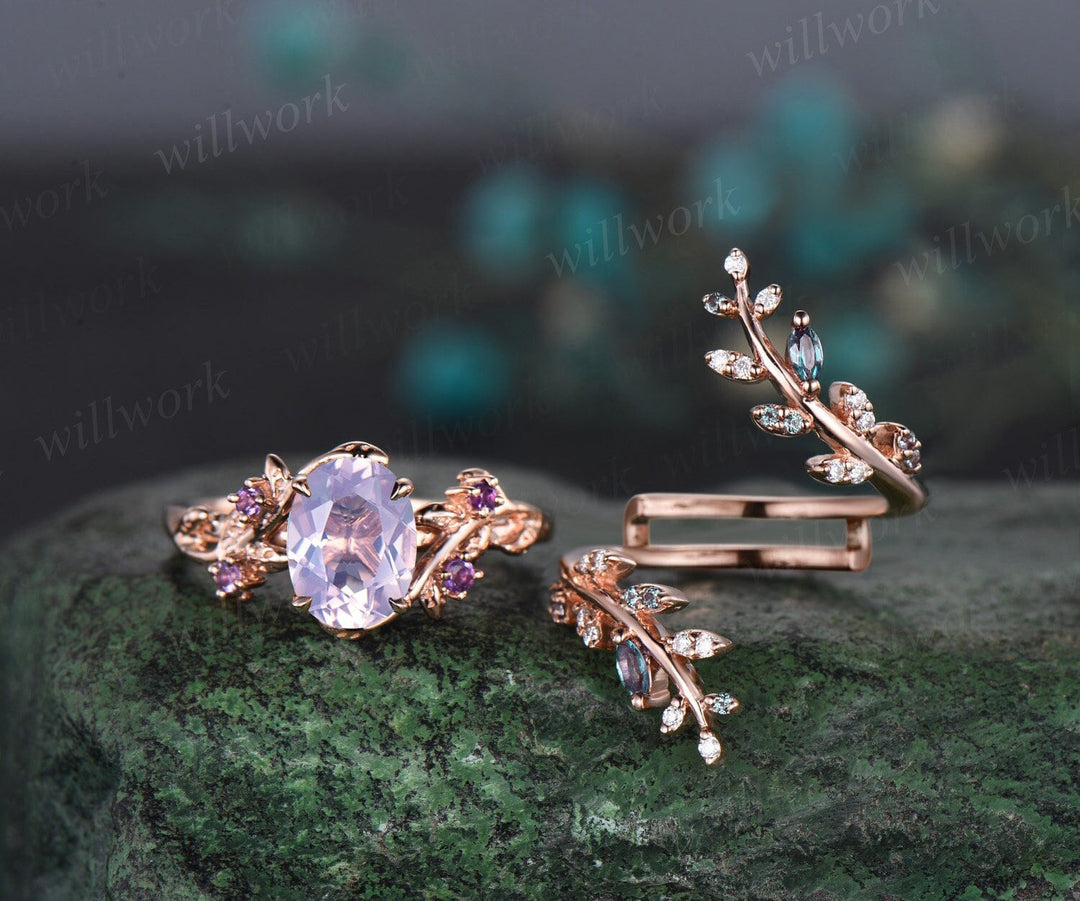 Vintage oval Lavender Amethyst engagement ring nature inspired leaf alexandrite ring rose gold wedding band enhancer bridal ring set women
