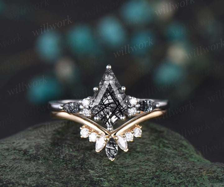 Kite cut black rutilated quartz ring white gold vintage unique engagement ring women Personalized diamond anniversary bridal ring set