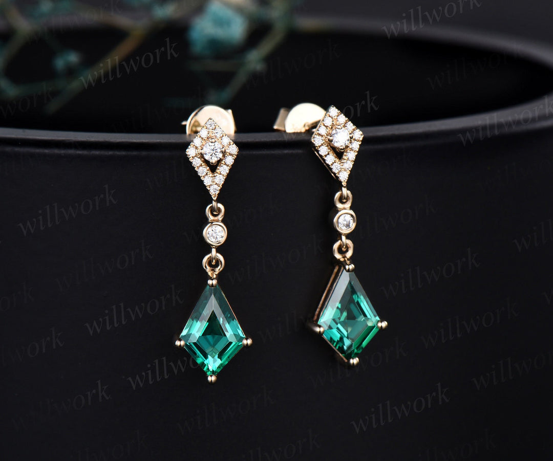 Vintage kite cut green emerald earrings solid 14k yellow gold halo diamond drop earrings women May birthstone dainty anniversary gift her