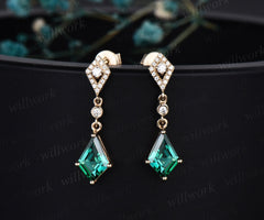 Vintage kite cut green emerald earrings solid 14k yellow gold halo diamond drop earrings women May birthstone dainty anniversary gift her