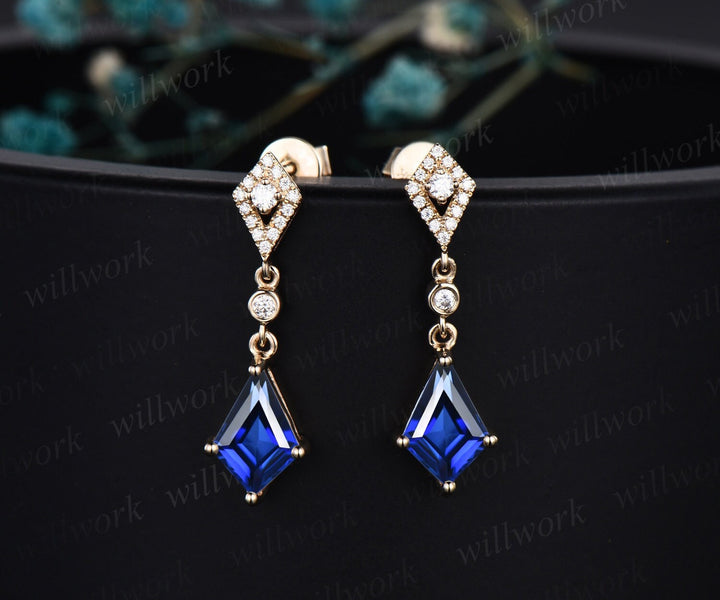 Vintage kite cut blue sapphire earrings solid 14k yellow gold halo diamond drop earrings women July birthstone dainty anniversary gift her