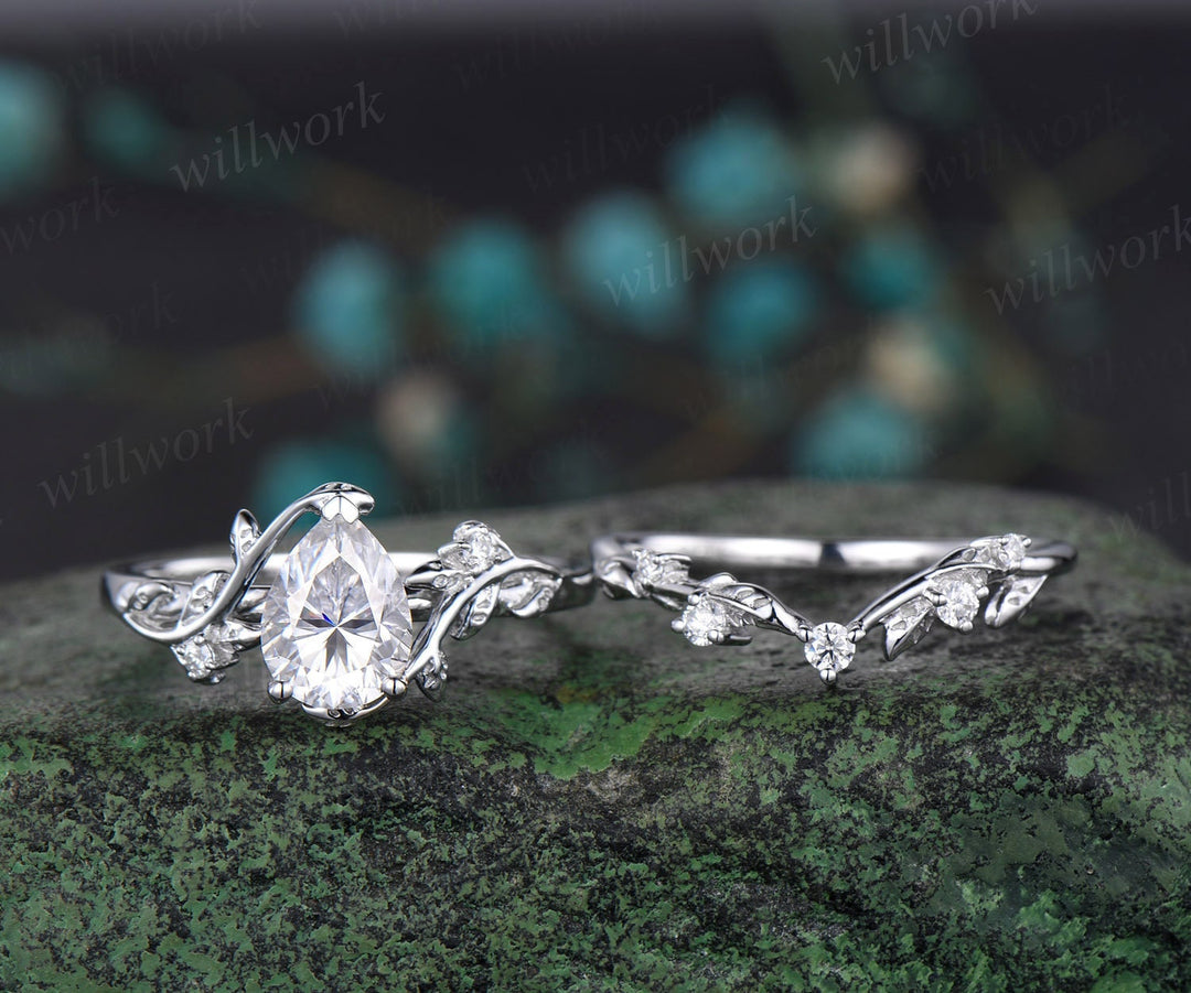 Leaf Pear shaped moissanite engagement ring set solid 14k white gold three stone diamond art deco ring women unique wedding ring set