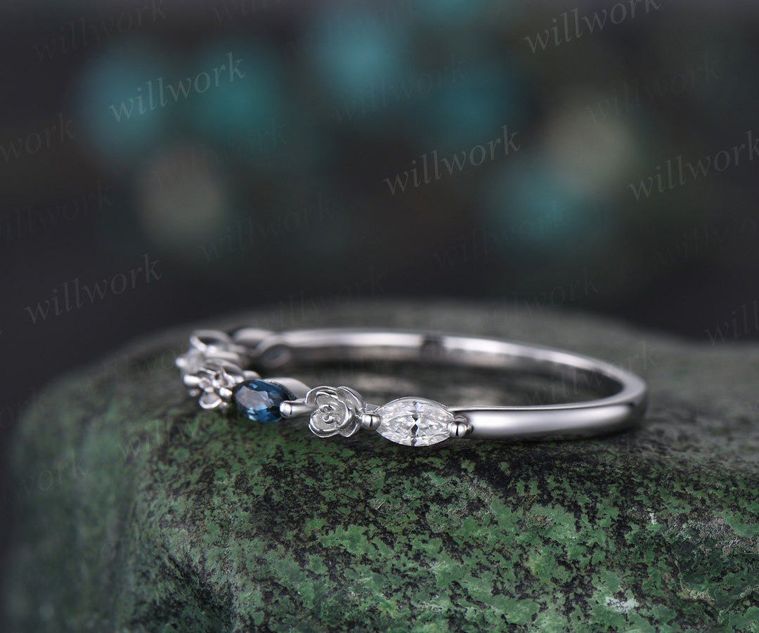 Flower marquise cut London blue topaz moissanite wedding band solid 14k white gold half eternity stacking bridal  anniversary ring gift