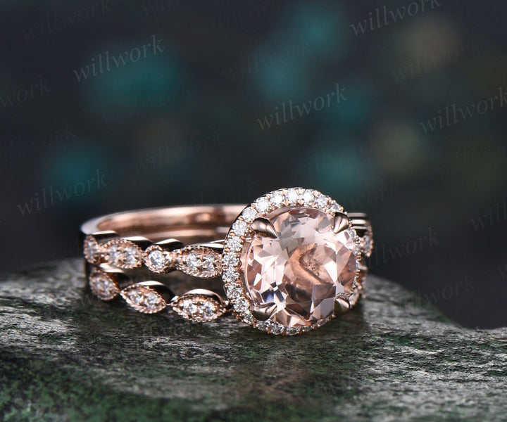 Vintage round cut morganite engagement ring solid 14k rose gold half eternity milgrain halo diamond ring marqusie wedding ring set women