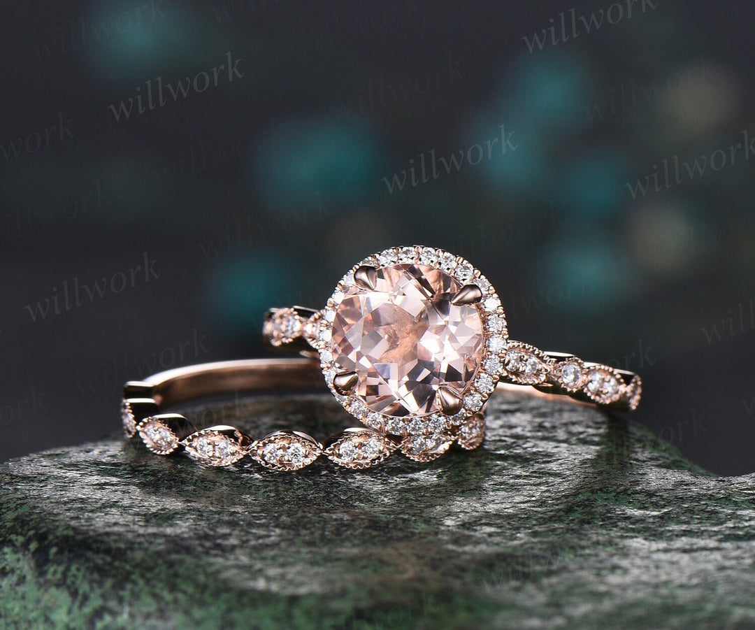 Vintage round cut morganite engagement ring solid 14k rose gold