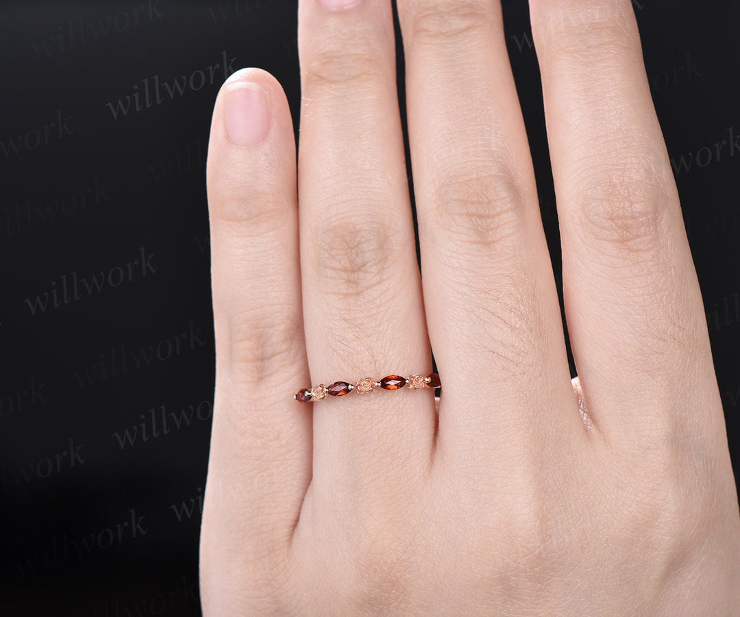 Flower marquise cut red garnet wedding band solid 14k rose gold half eternity stacking wedding ring art deco bridal anniversary ring gift