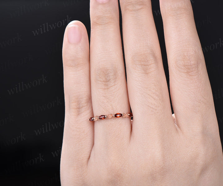 Flower marquise cut red garnet wedding band solid 14k rose gold half eternity stacking wedding ring art deco bridal anniversary ring gift