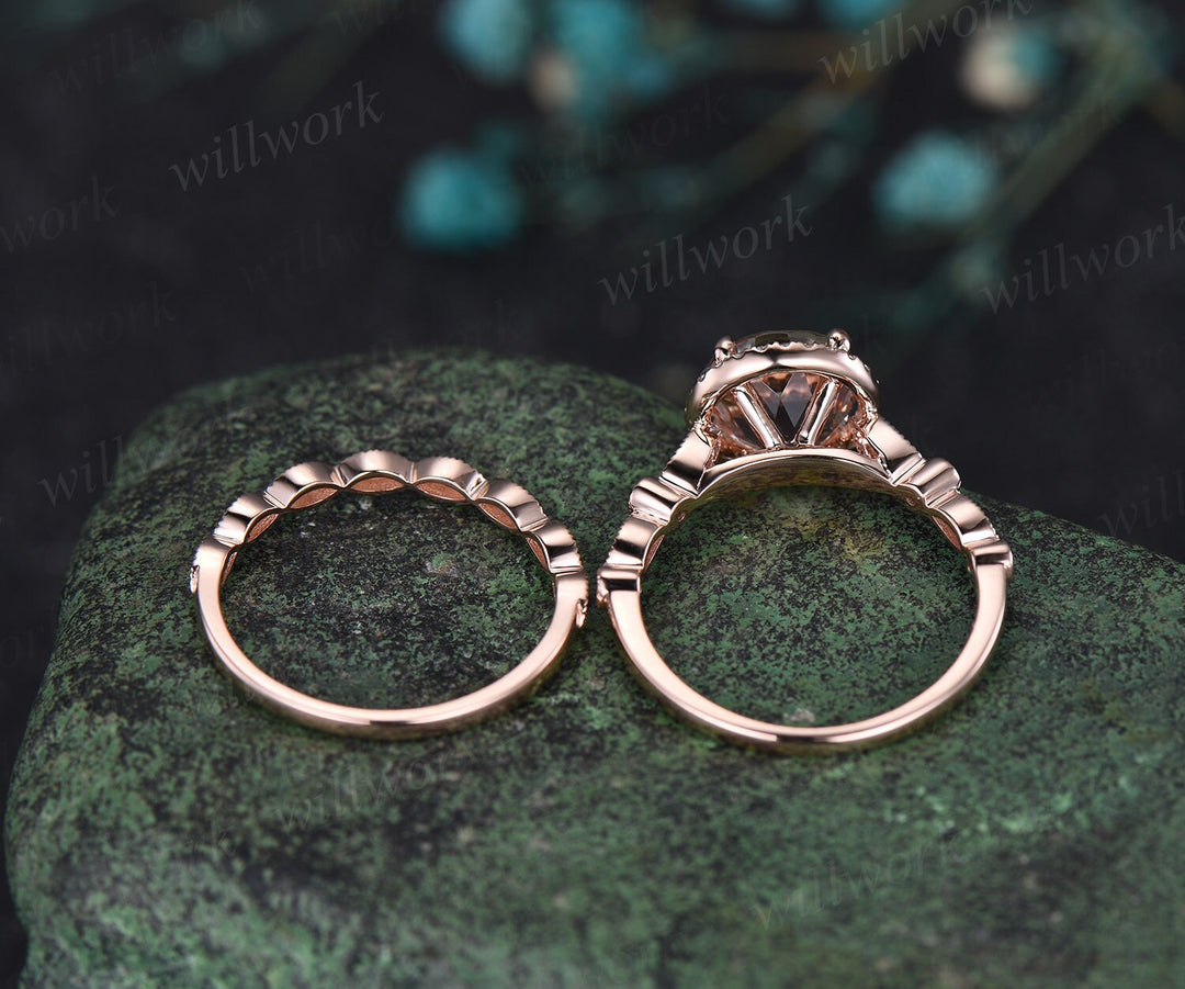 Vintage round cut morganite engagement ring solid 14k rose gold half eternity milgrain halo diamond ring marqusie wedding ring set women