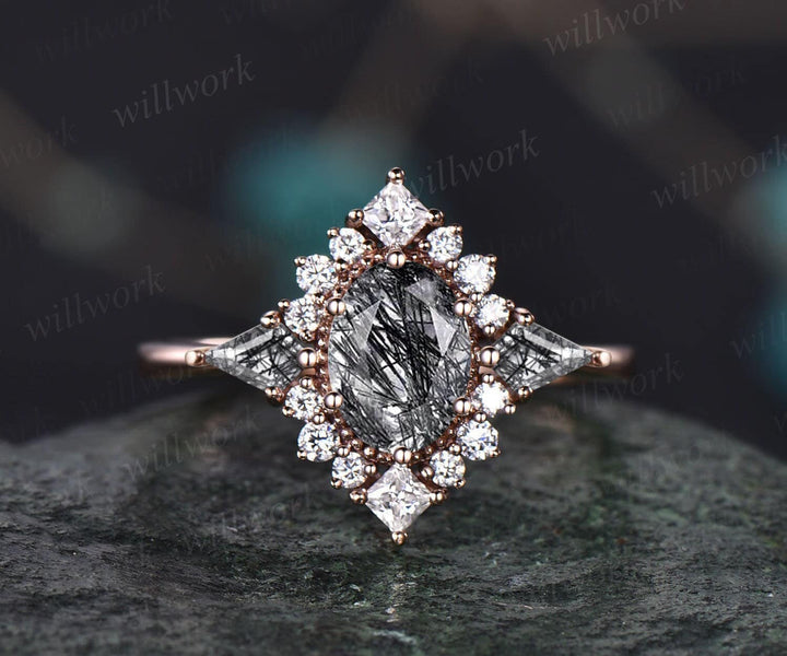 Vintage oval black rutilated quartz engagement ring 14k rose gold halo princess diamond ring kite retro wedding anniversary ring women