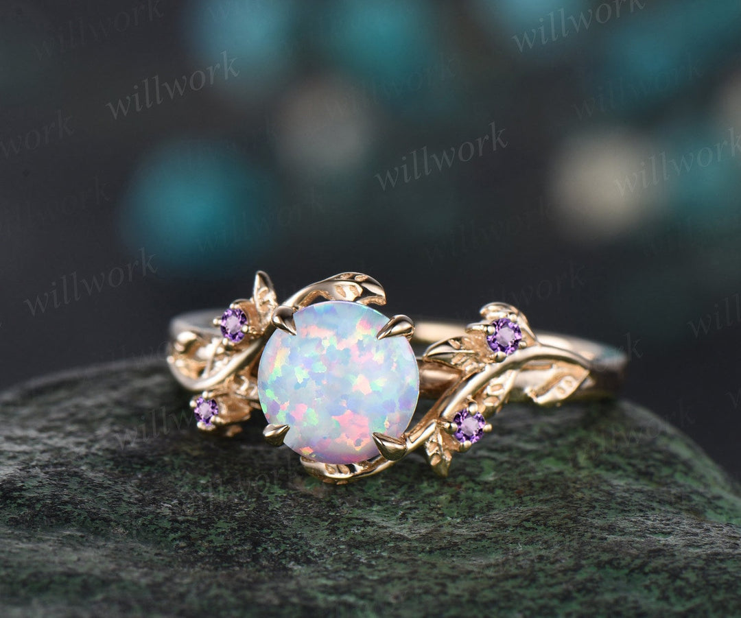 Round white opal ring vintage yellow gold leaf nature inspired unique engagement ring five stone amethyst bridal wedding ring women