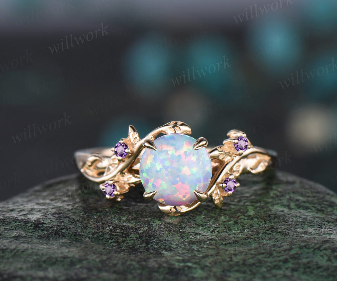 Round white opal ring vintage yellow gold leaf nature inspired unique engagement ring five stone amethyst bridal wedding ring women