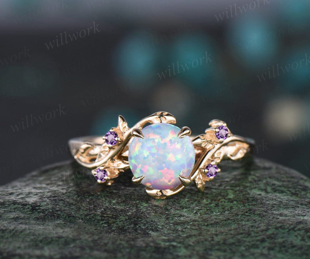 Round white opal ring vintage yellow gold leaf nature inspired unique – WILLWORK JEWELRY