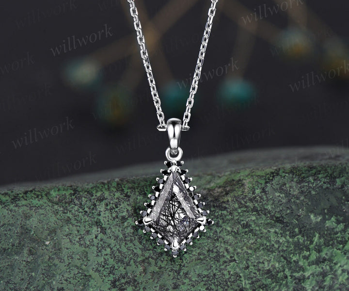 Unique kite cut black rutilated quartz necklace solid 14k rose gold halo black diamond pendant for women mother anniversary gift