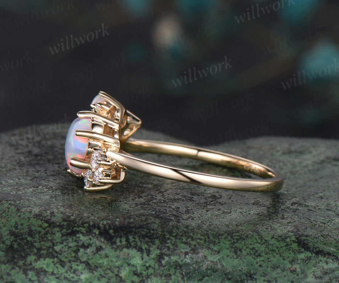 Hexagon cut alexandrite ring yellow gold vintage moon engagement ring dainty cluster diamond opal ring women unique anniversary wedding ring