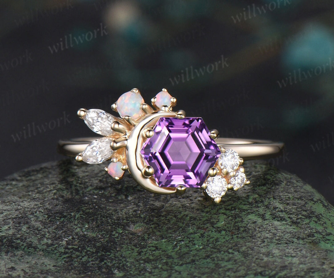 Hexagon cut amethyst engagement ring solid 14k yellow gold moon opal ring vintage cluster diamond Crystal wedding anniversary ring women