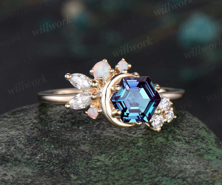 Hexagon cut alexandrite ring yellow gold vintage moon engagement ring dainty cluster diamond opal ring women unique anniversary wedding ring