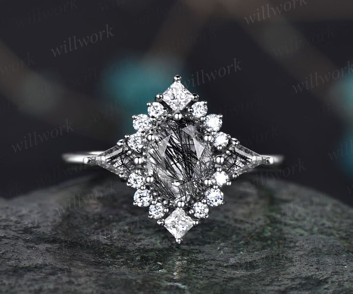 Vintage oval black rutilated quartz engagement ring 14k rose gold halo princess diamond ring kite retro wedding anniversary ring women