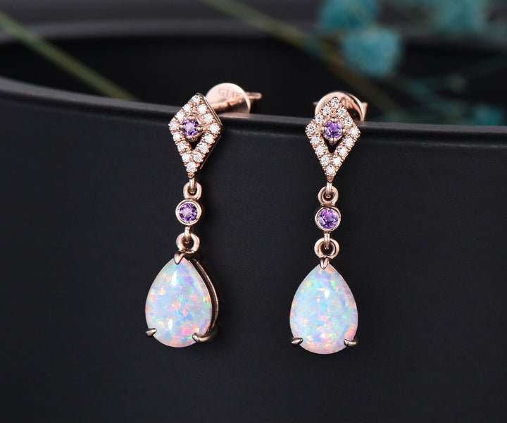 Vintage pear white opal earrings women solid 14k rose gold dainty bezel amethyst kite halo diamond drop earrings anniversary gift for her