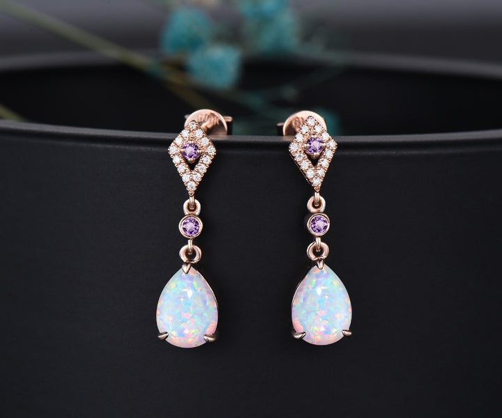 Vintage pear white opal earrings women solid 14k rose gold dainty bezel amethyst kite halo diamond drop earrings anniversary gift for her