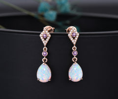 Vintage pear white opal earrings women solid 14k rose gold dainty bezel amethyst kite halo diamond drop earrings anniversary gift for her
