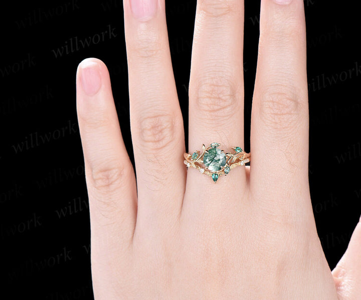 Vintage round cut green moss agate engagement ring yellow gold emerald art deco leaf nature inspired bridal promise wedding ring set women