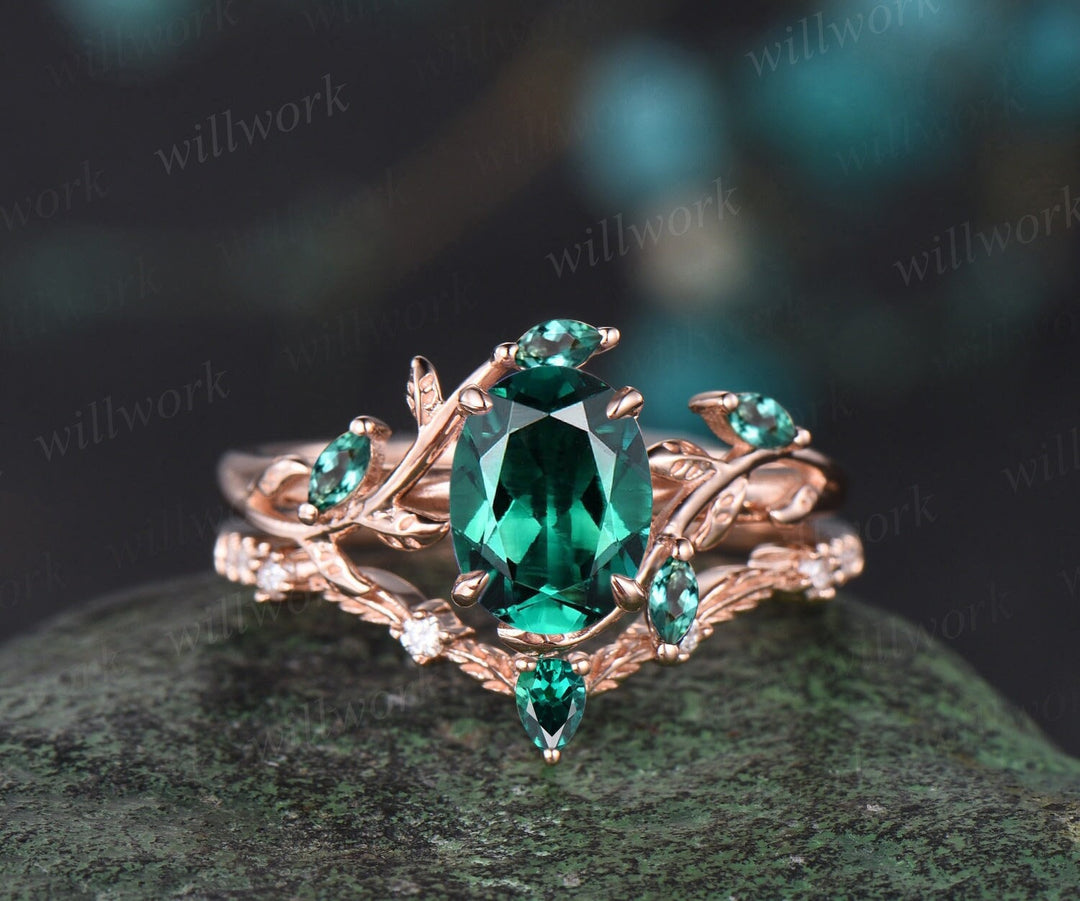 Vintage oval cut green emerald engagement ring rose gold cluster leaf nature inspired moissanite bridal promise wedding ring set women