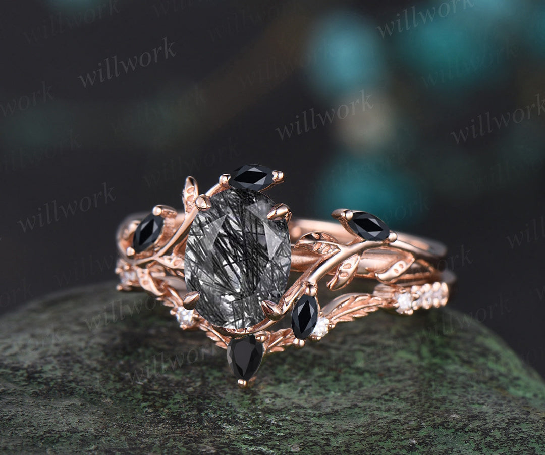 Vintage oval cut black rutilated quartz engagement ring rose gold art deco leaf nature inspired black spinel bridal wedding ring set women