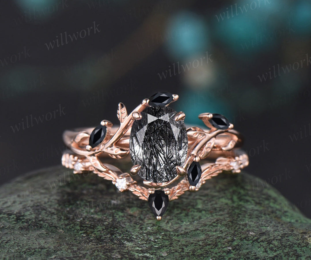 Vintage oval cut black rutilated quartz engagement ring rose gold art deco leaf nature inspired black spinel bridal wedding ring set women